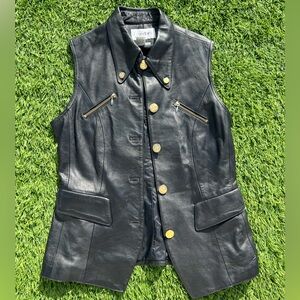 Vintage Black Leather Vest with Gold Buttons - Women Jackets & Coats